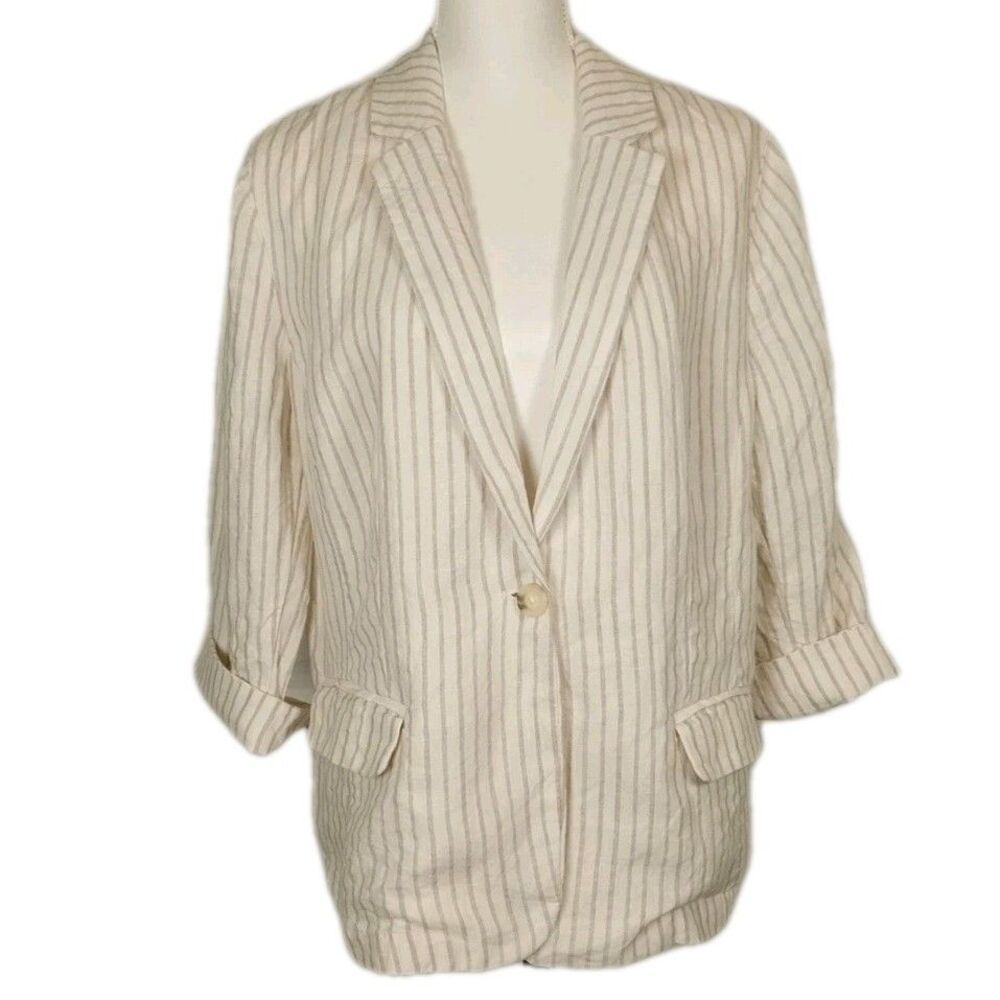 Chicos 2 100% Linen Blazer Sz 12 Ivory w Flax Stripe 3/4 Sleeve Unlined Coastal